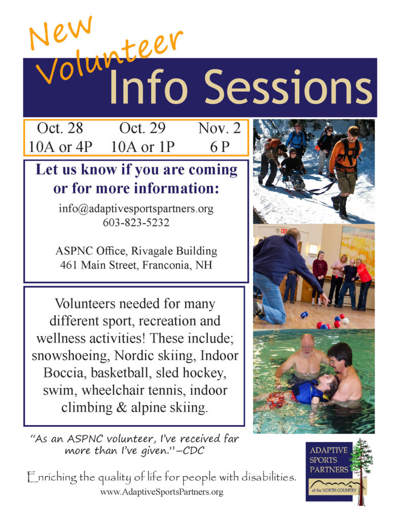 Volunteers needed for many different Sport, recreation, and wellness activities. Oct 28 10 and 4, Oct 29 10 and 1, Nov 2 6
